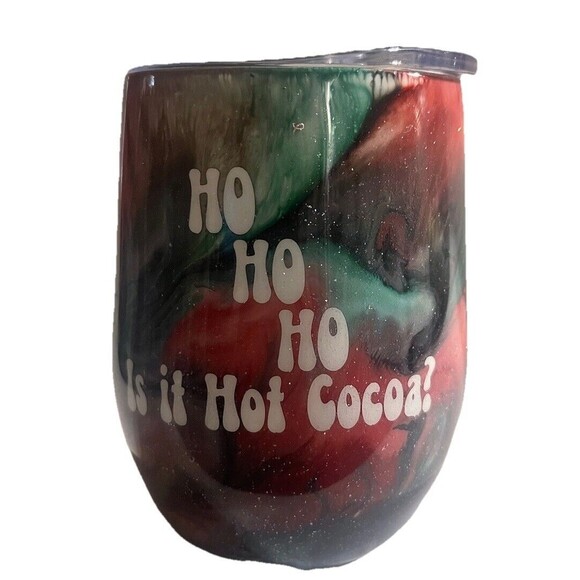 Stemless Wine Glass 12 Oz Red and Green Epoxy Tumbler HO HO HO IS IT HOT COCOA - Picture 1 of 5